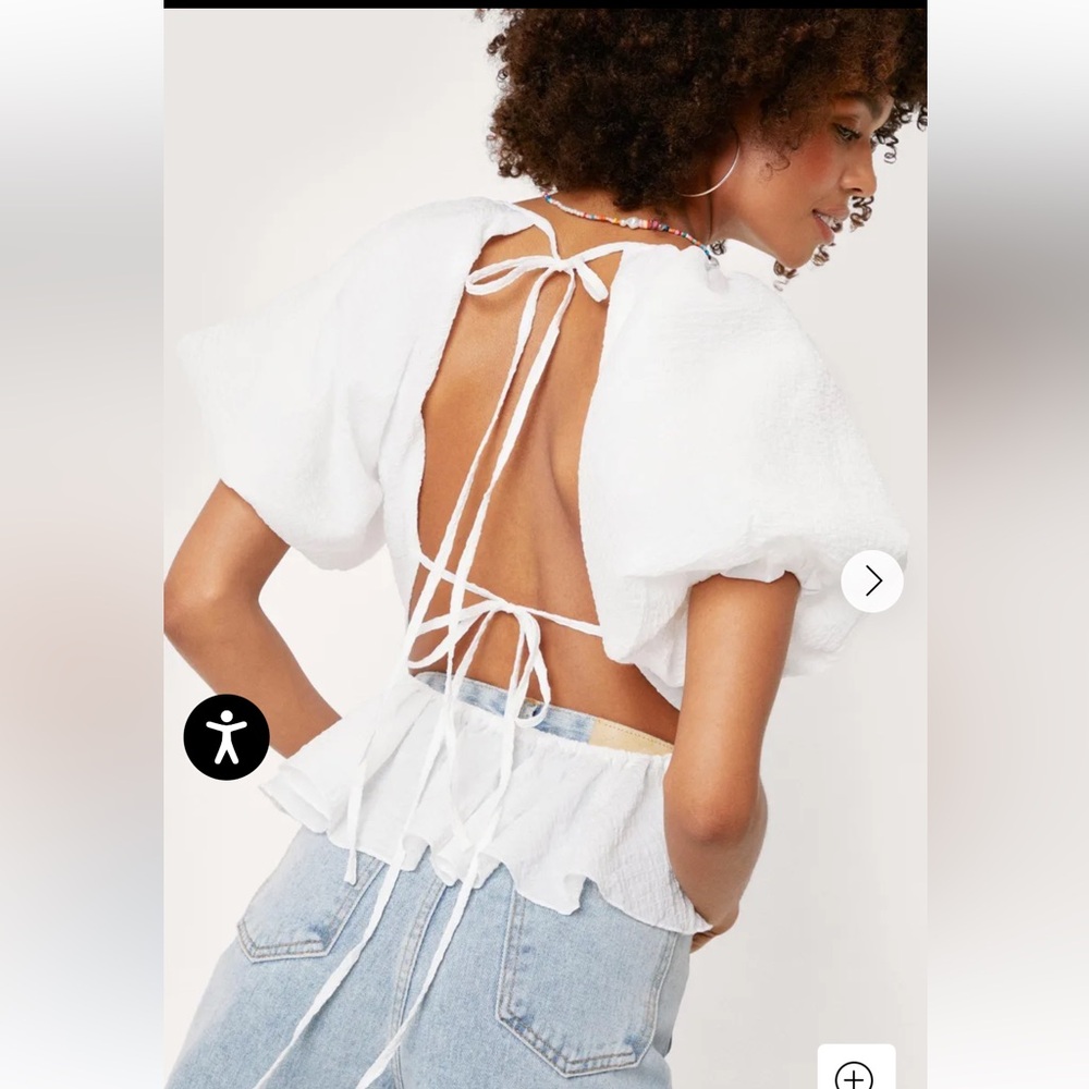 Like New NastyGal Backless Puff Sleeve Ruffle Blouse In CREAM
